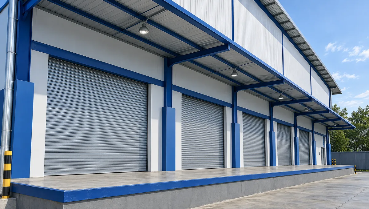 Deretan rolling door industri terpasang di loading dock gudang